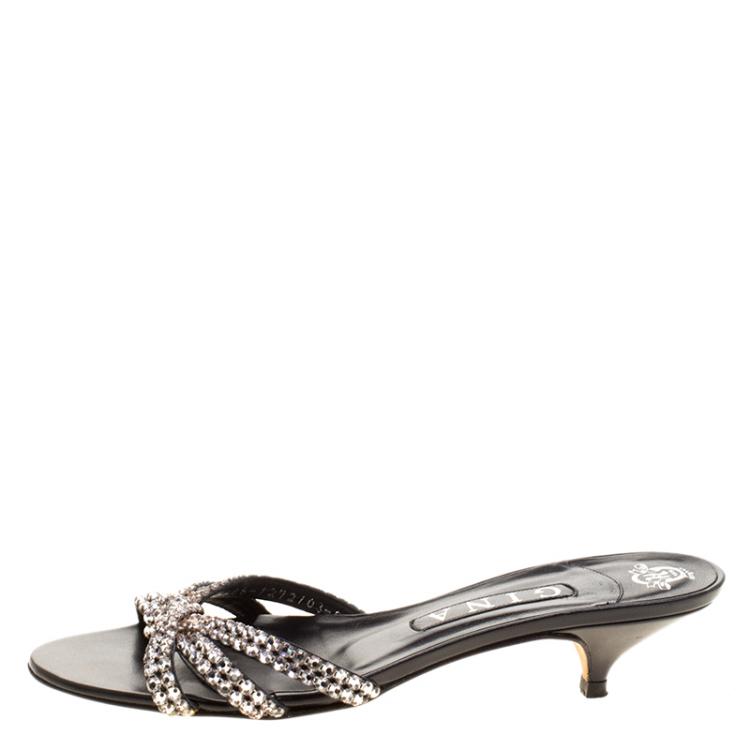 Pre Owned Gina Black Embellished Knotted Open Toe Slides Size 38