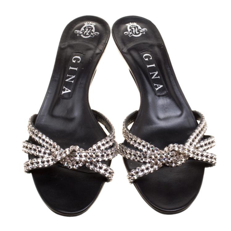 Pre Owned Gina Black Embellished Knotted Open Toe Slides Size 38