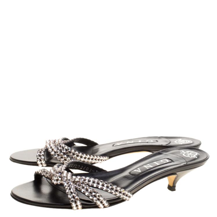 Pre Owned Gina Black Embellished Knotted Open Toe Slides Size 38