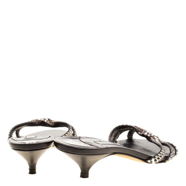 Pre Owned Gina Black Embellished Knotted Open Toe Slides Size 38