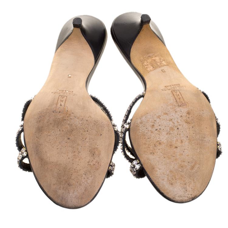 Pre Owned Gina Black Embellished Knotted Open Toe Slides Size 38