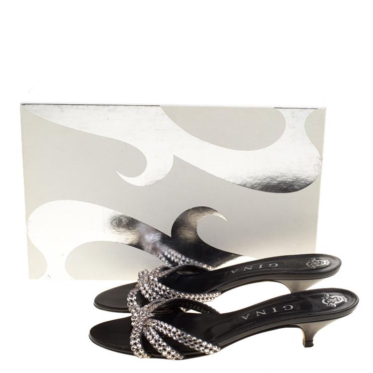 Pre Owned Gina Black Embellished Knotted Open Toe Slides Size 38