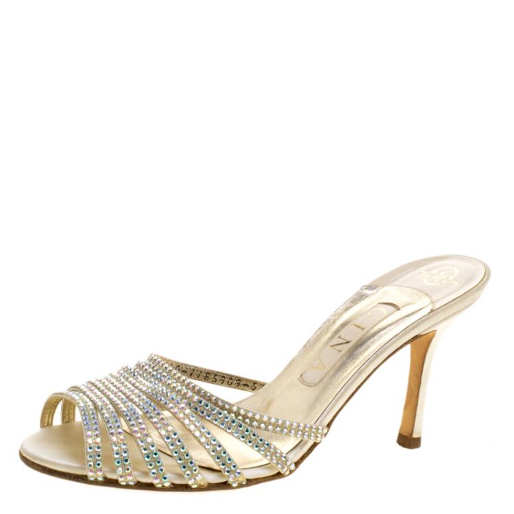 Pre Owned Gina Beige Crystal Embellished Sandals Size 38.5