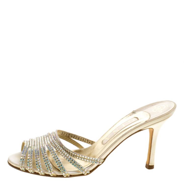 Pre Owned Gina Beige Crystal Embellished Sandals Size 38.5