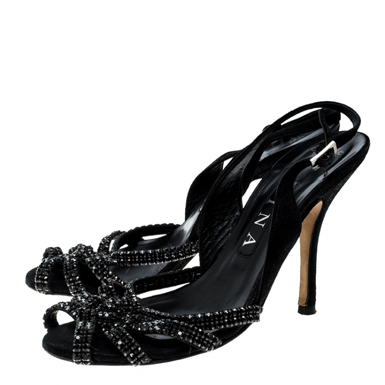 Pre Owned Gina Black Suede Crystal Embellished Peep Toe Slingback Sandals Size 38