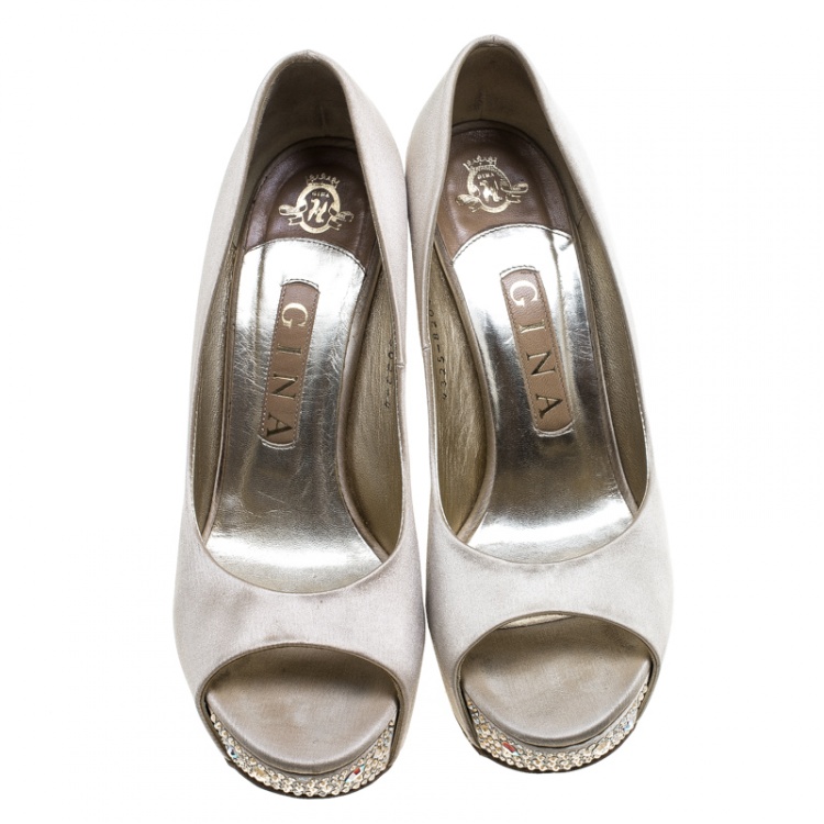 Pre Owned Gina Beige Satin Crystal Embellished Wedge Peep Toe Platform Pumps Size 37
