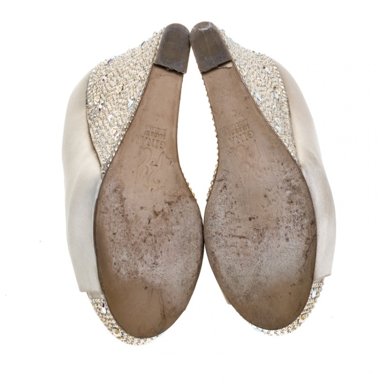 Pre Owned Gina Beige Satin Crystal Embellished Wedge Peep Toe Platform Pumps Size 37