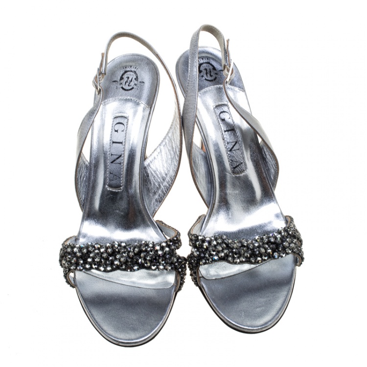 Pre Owned Gina Metallic Silver Leather Crystal Embellished Slingback Sandals Size 38.5