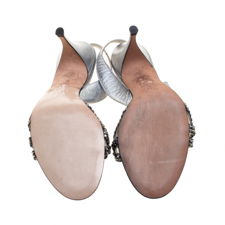 Pre Owned Gina Metallic Silver Leather Crystal Embellished Slingback Sandals Size 38.5