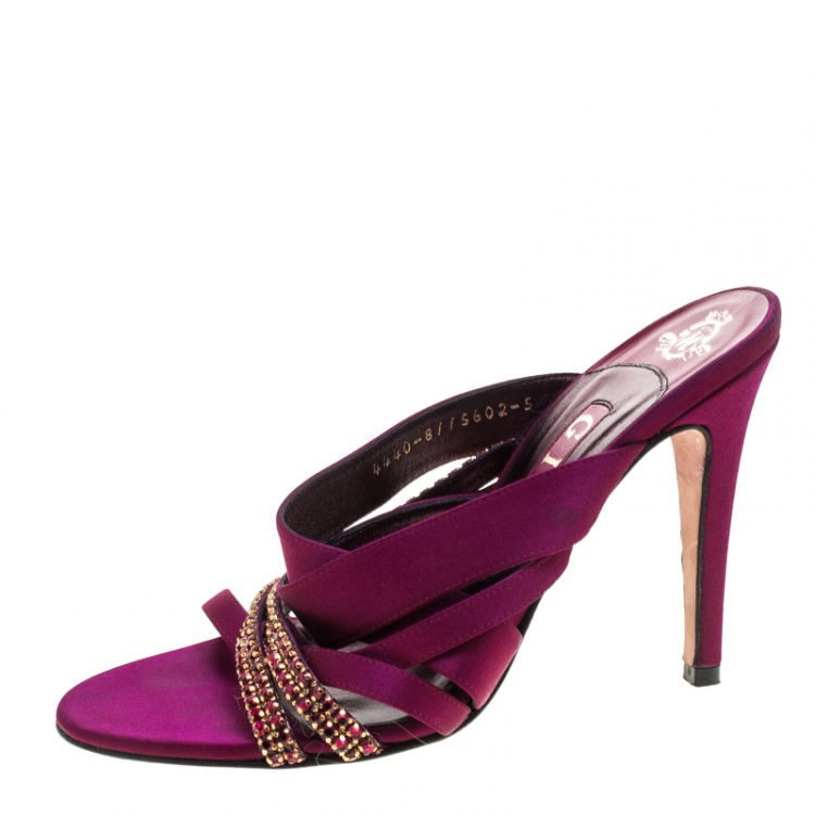 Pre Owned Gina Magenta Satin Crystal Embellished Strap High Heel Slides Size 38