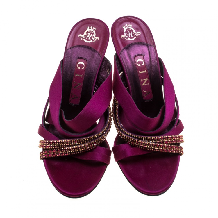 Pre Owned Gina Magenta Satin Crystal Embellished Strap High Heel Slides Size 38