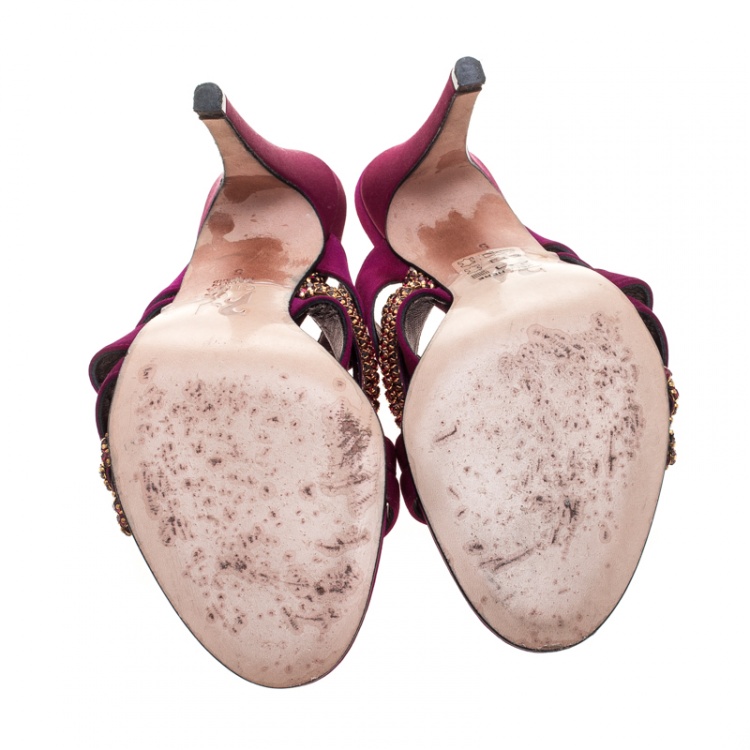 Pre Owned Gina Magenta Satin Crystal Embellished Strap High Heel Slides Size 38