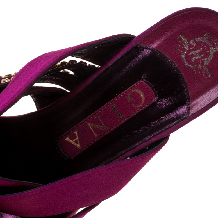 Pre Owned Gina Magenta Satin Crystal Embellished Strap High Heel Slides Size 38