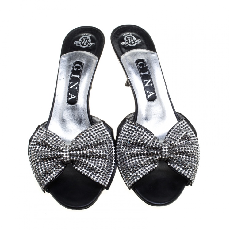 مملوكة مسبقًا Gina Black Crystal Embellished Leather Sandals Size 39.5