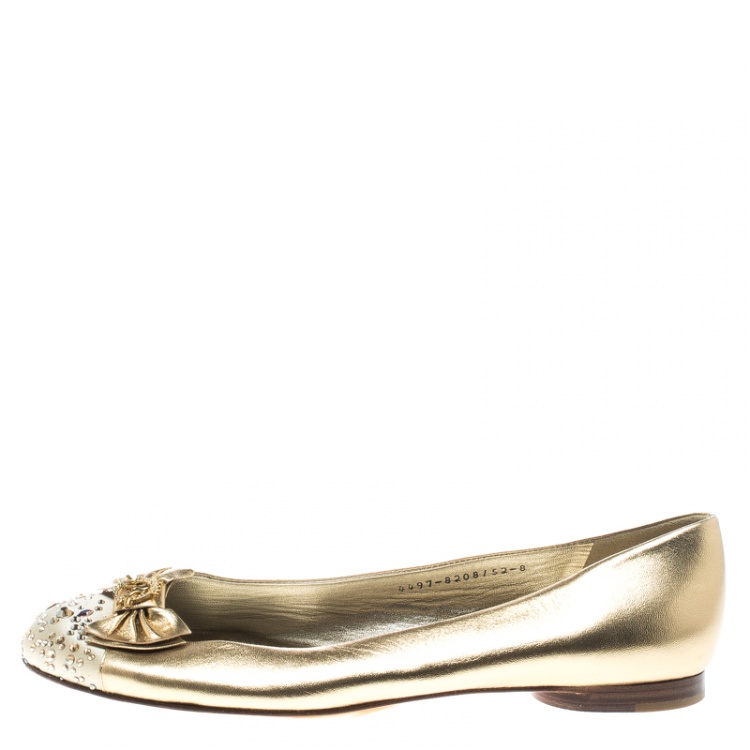 Pre Owned Gina Metallic Gold/Beige Leather and Satin Crystal Embellished Cap Toe Bow Ballet Flats Size 41