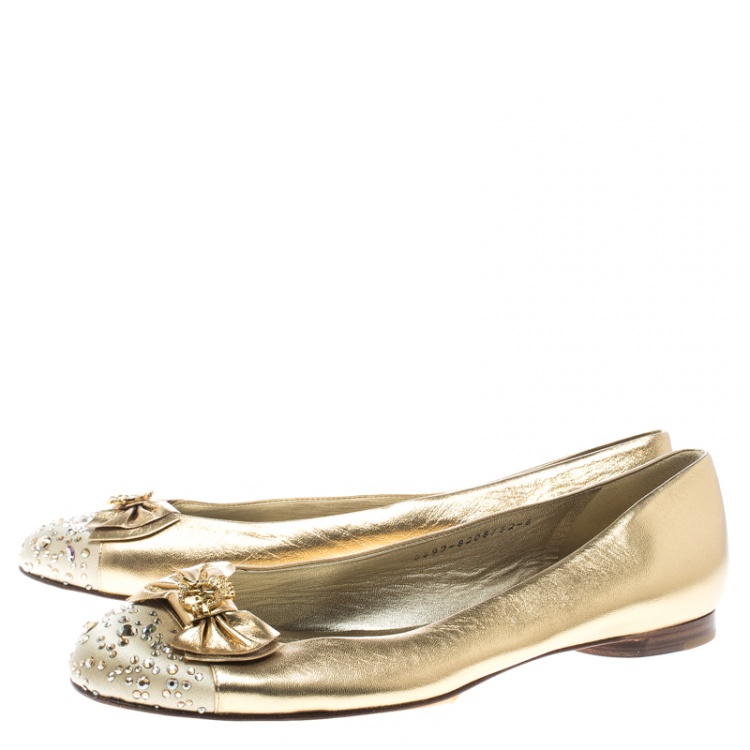 Pre Owned Gina Metallic Gold/Beige Leather and Satin Crystal Embellished Cap Toe Bow Ballet Flats Size 41