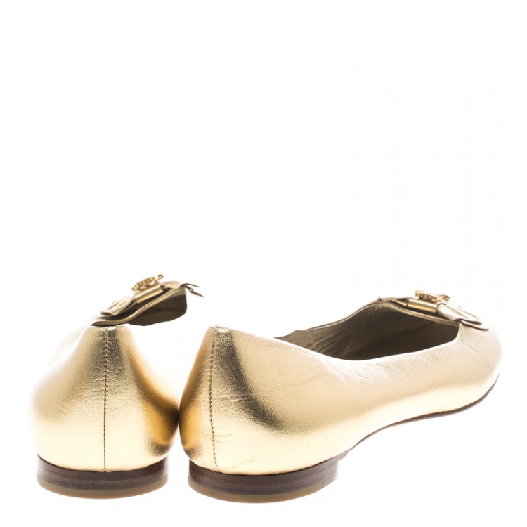 Pre Owned Gina Metallic Gold/Beige Leather and Satin Crystal Embellished Cap Toe Bow Ballet Flats Size 41