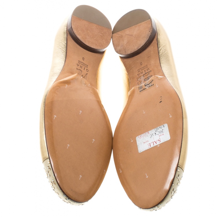 Pre Owned Gina Metallic Gold/Beige Leather and Satin Crystal Embellished Cap Toe Bow Ballet Flats Size 41