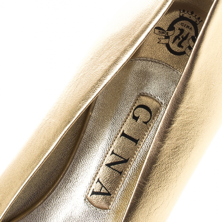 Pre Owned Gina Metallic Gold/Beige Leather and Satin Crystal Embellished Cap Toe Bow Ballet Flats Size 41