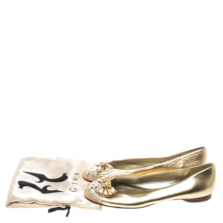 Pre Owned Gina Metallic Gold/Beige Leather and Satin Crystal Embellished Cap Toe Bow Ballet Flats Size 41