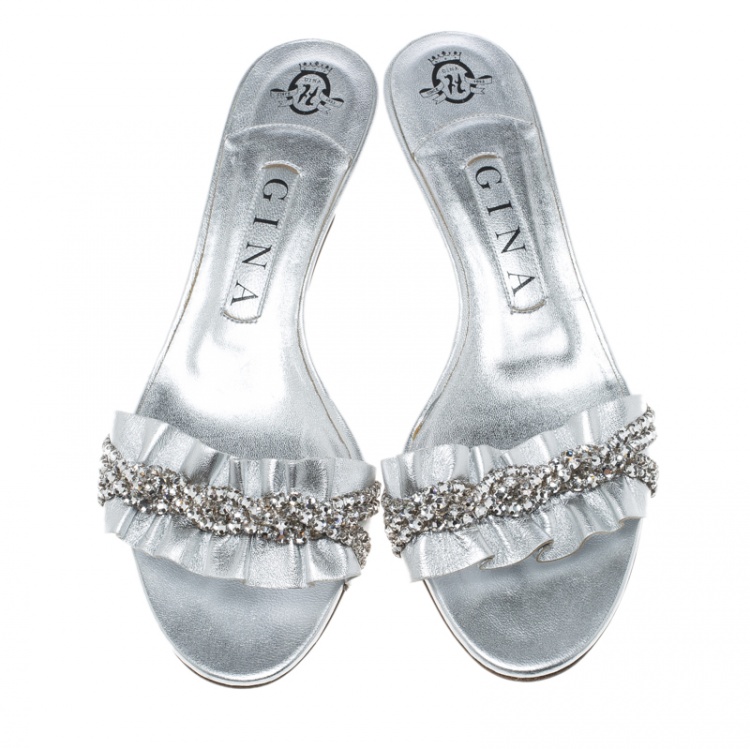 مملوكة مسبقًا Gina Silver Leather Crystal Embellished Sandals Size 37.5