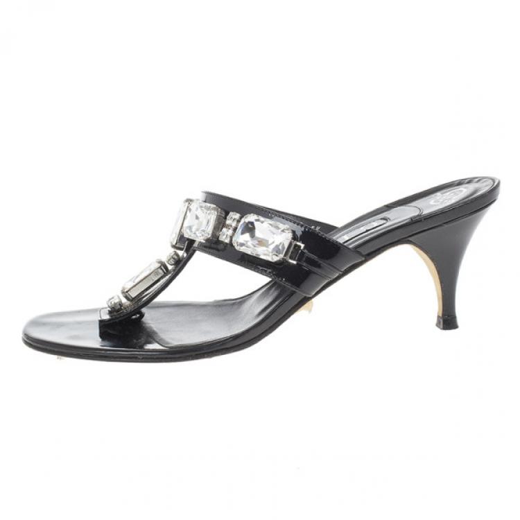 Pre Owned Gina Black Crystal Embellished Thong Sandals Size 38.5