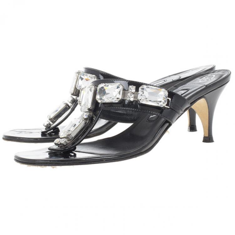 Pre Owned Gina Black Crystal Embellished Thong Sandals Size 38.5