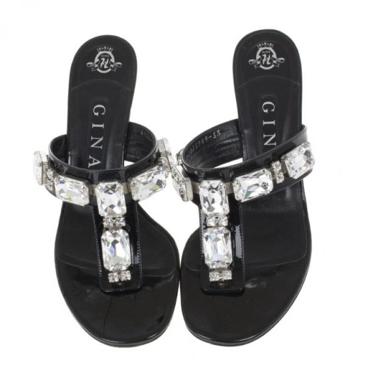 Pre Owned Gina Black Crystal Embellished Thong Sandals Size 38.5