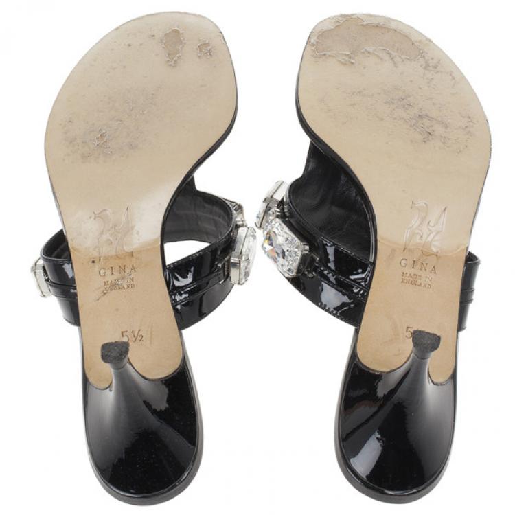 Pre Owned Gina Black Crystal Embellished Thong Sandals Size 38.5