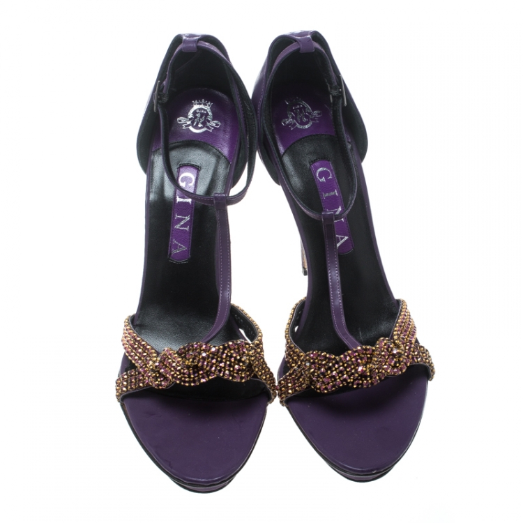 Pre Owned Gina Purple Leather Crystal Embellished T Strap Platform Sandals Size 40.5