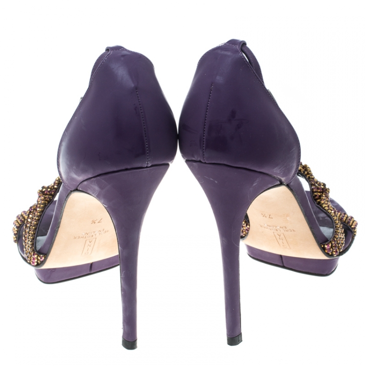 Pre Owned Gina Purple Leather Crystal Embellished T Strap Platform Sandals Size 40.5