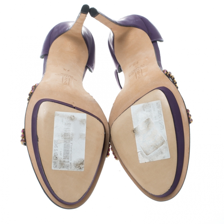 Pre Owned Gina Purple Leather Crystal Embellished T Strap Platform Sandals Size 40.5