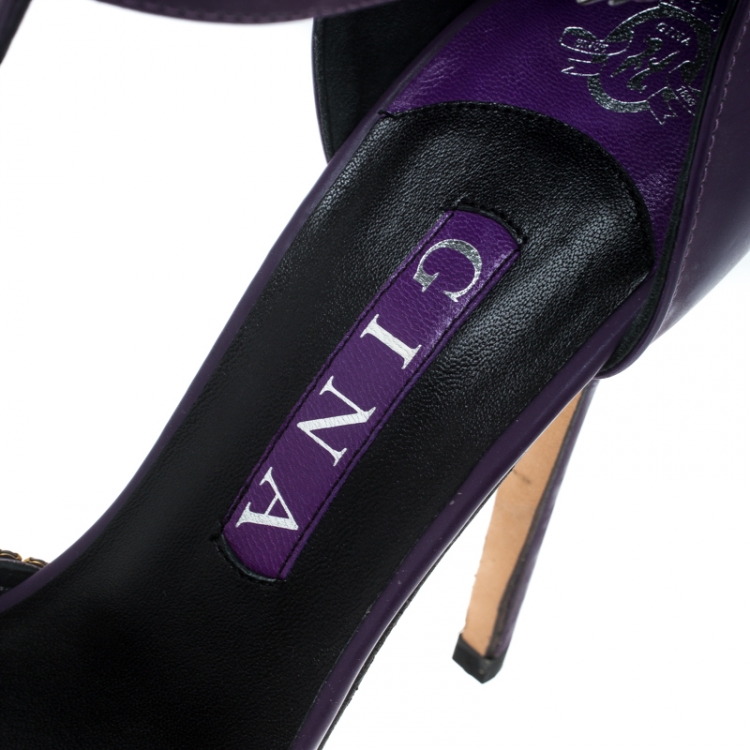 Pre Owned Gina Purple Leather Crystal Embellished T Strap Platform Sandals Size 40.5