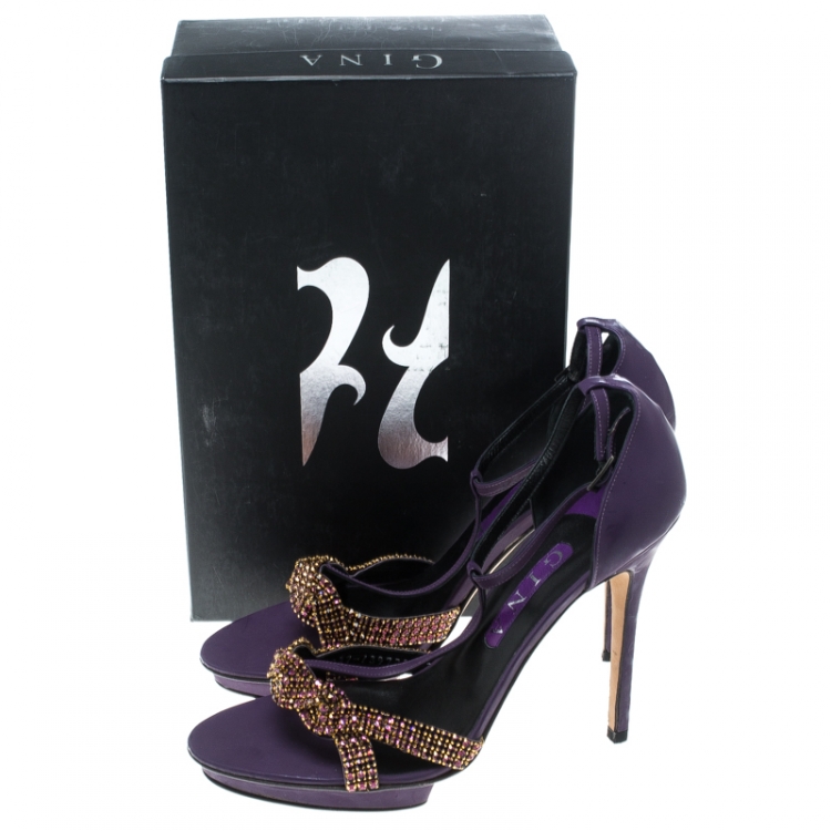 Pre Owned Gina Purple Leather Crystal Embellished T Strap Platform Sandals Size 40.5