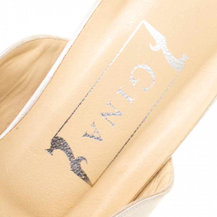 Pre Owned Gina Beige Silk Satin Floral Embroidered Flat Mules Size 39.5