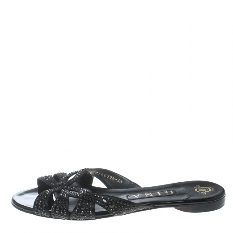 Pre Owned Gina Black Satin and Crystal Embellished Flat Slides Size 38.5