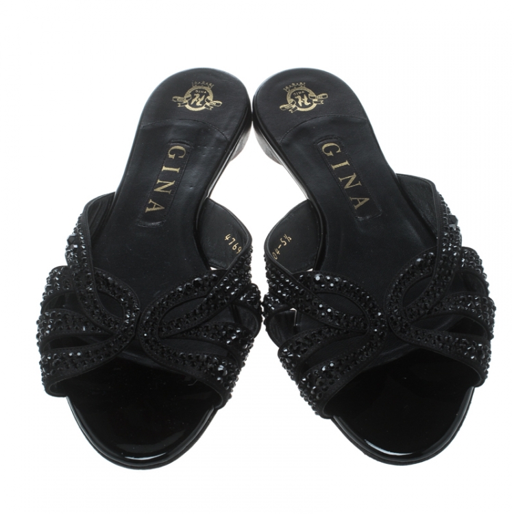 Pre Owned Gina Black Satin and Crystal Embellished Flat Slides Size 38.5