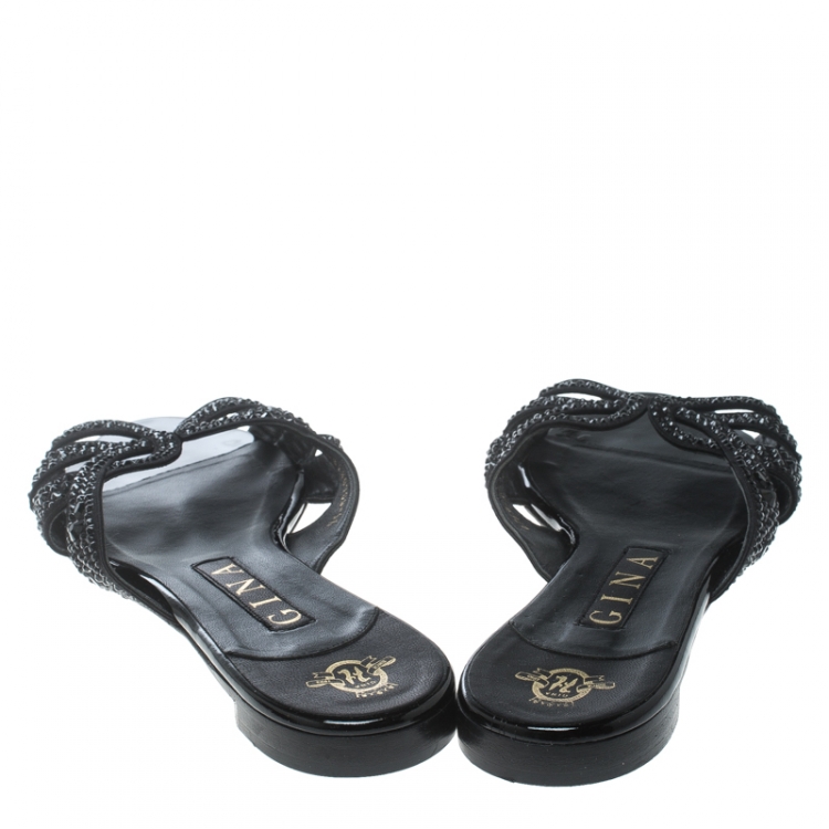Pre Owned Gina Black Satin and Crystal Embellished Flat Slides Size 38.5