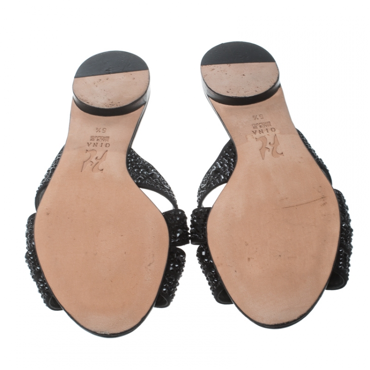Pre Owned Gina Black Satin and Crystal Embellished Flat Slides Size 38.5