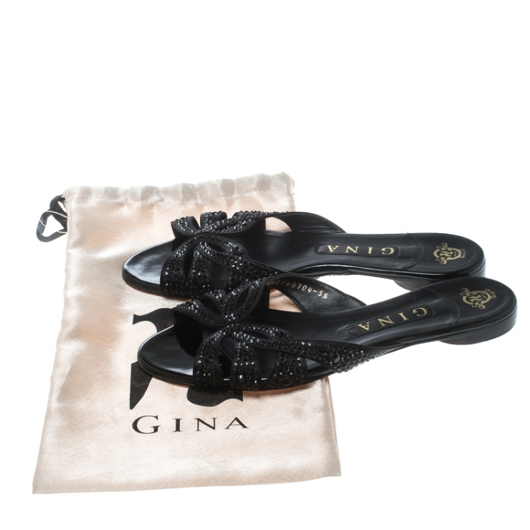 Pre Owned Gina Black Satin and Crystal Embellished Flat Slides Size 38.5