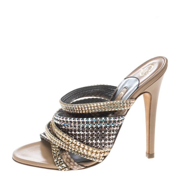 Pre Owned Gina Multicolor Crystal Embellished and Snakeskin Strappy Sandals Size 36.5