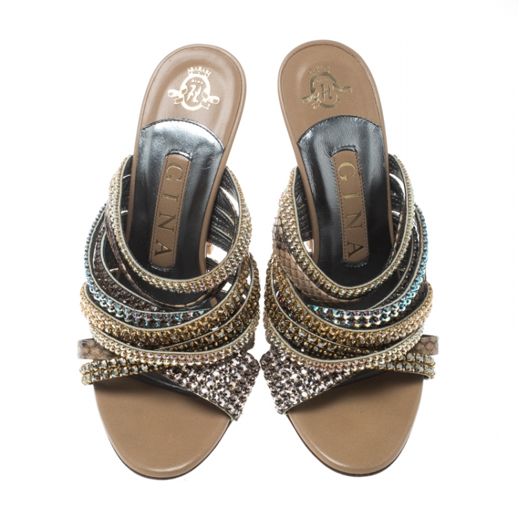 Pre Owned Gina Multicolor Crystal Embellished and Snakeskin Strappy Sandals Size 36.5