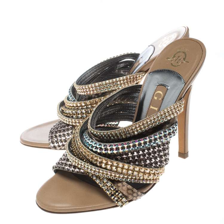 Pre Owned Gina Multicolor Crystal Embellished and Snakeskin Strappy Sandals Size 36.5