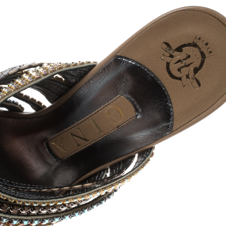 Pre Owned Gina Multicolor Crystal Embellished and Snakeskin Strappy Sandals Size 36.5