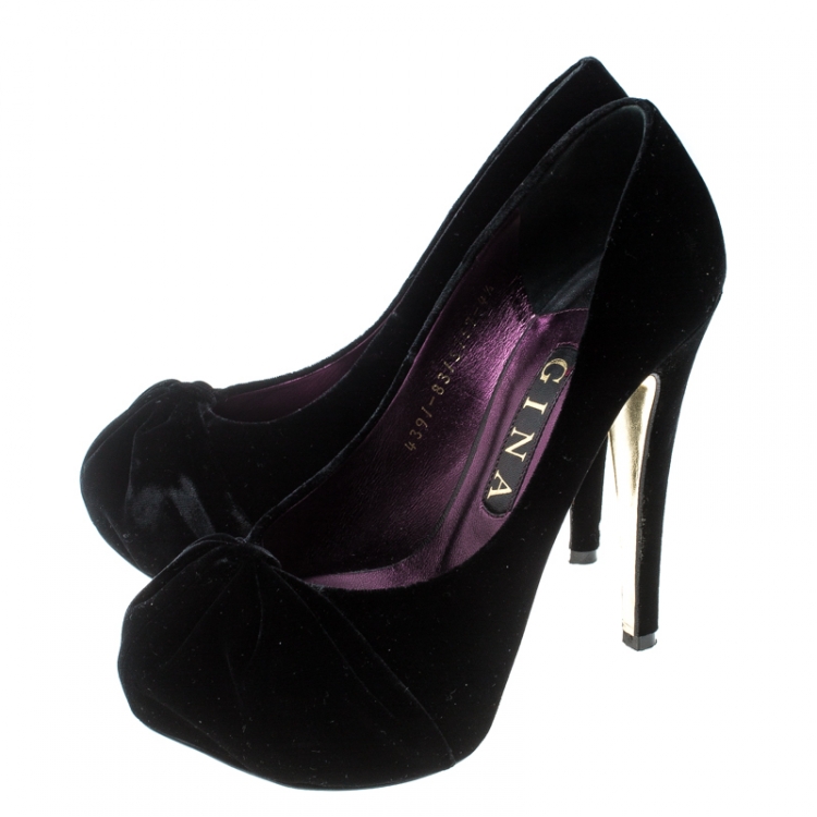 Pre Owned Gina Black Velvet Clair Platform Pumps Size 37.5