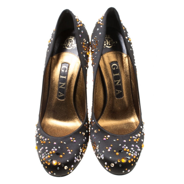 Pre Owned Gina Black Crystal Studded Satin Pumps Size 38