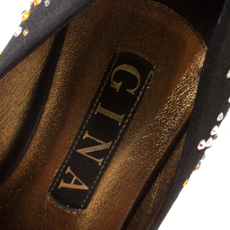 Pre Owned Gina Black Crystal Studded Satin Pumps Size 38