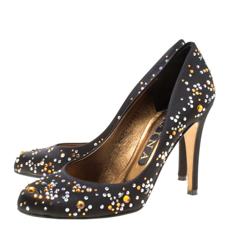 Pre Owned Gina Black Crystal Studded Satin Pumps Size 38