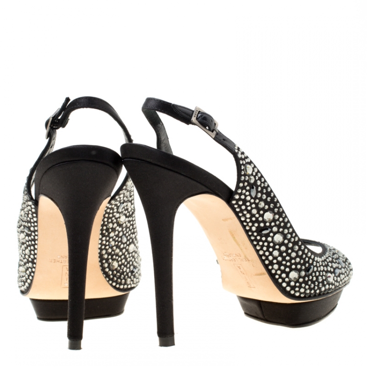 Pre Owned Gina Black Satin Crystal Embellished Platform Peep Toe Slingback Sandals Size 37.5