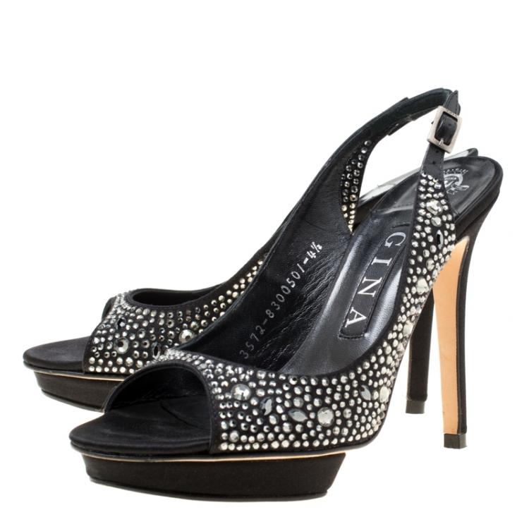 Pre Owned Gina Black Satin Crystal Embellished Platform Peep Toe Slingback Sandals Size 37.5